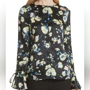 Derek Lam 10 Crosby 100% SILK Vibrant Print On Black Blouse Bell Sleeve V-neck 6